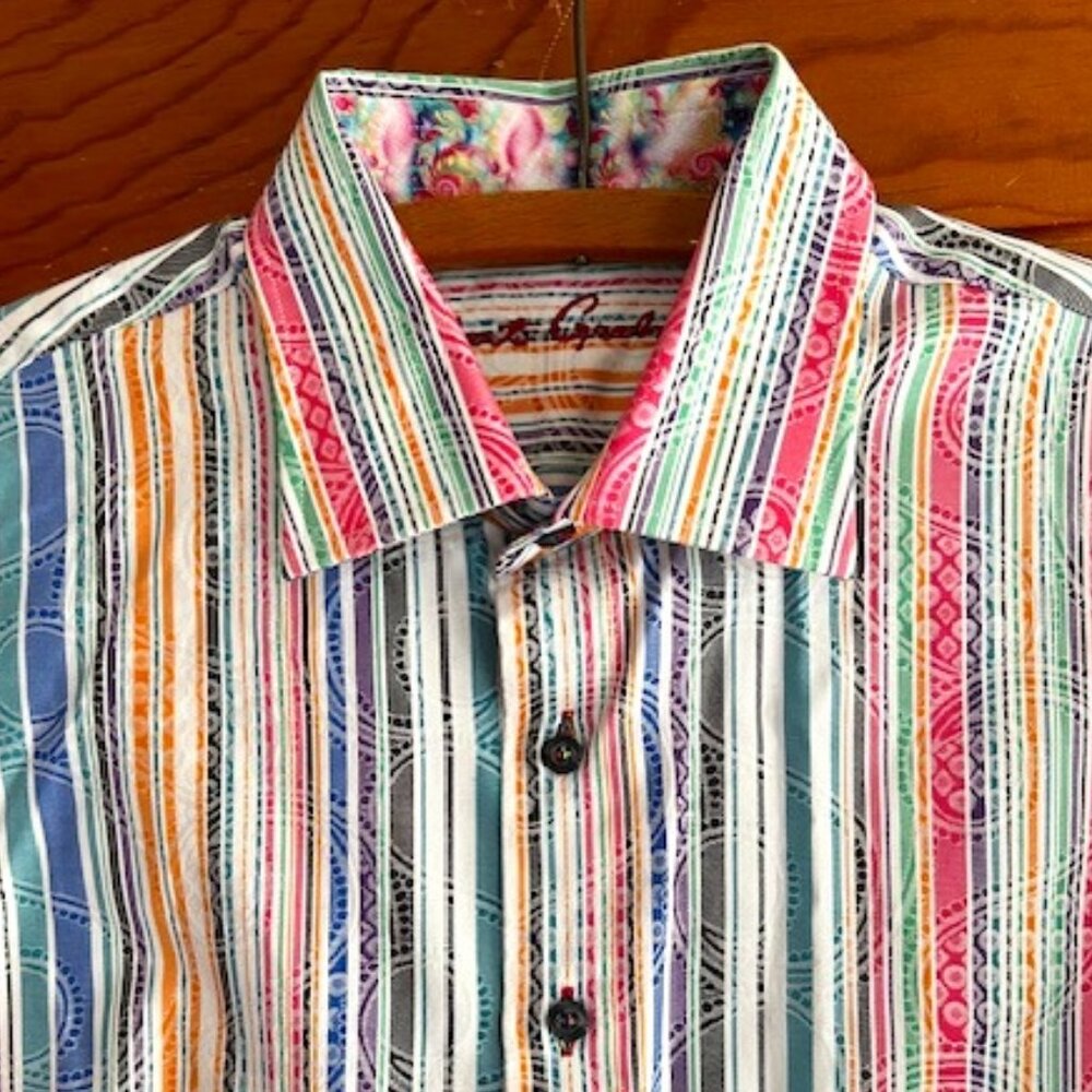 Robert Graham Shirt Flip Cuff Button Up  Paisley/Stripes Youth Large 14-16